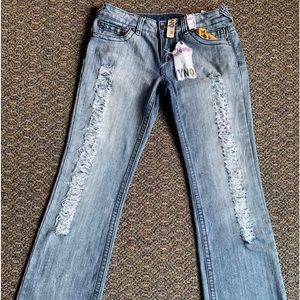 YNQ Womens Juniors Size 11 Distressed Light Blue Bootcut Denim Jeans